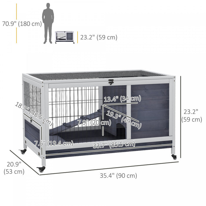 Pawhut Wooden Indoor Rabbit Hutch Elevated Bunny Cage Habitat With Enclosed Run With Wheels, Ideal F