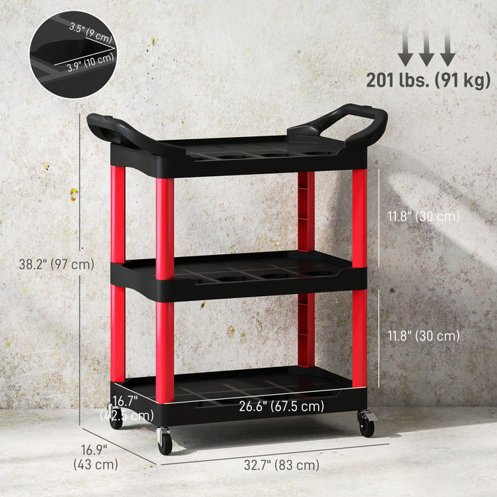 Homcom 3-tier Rolling Tool Cart With Wheels, Plastic Utility Cart, Black