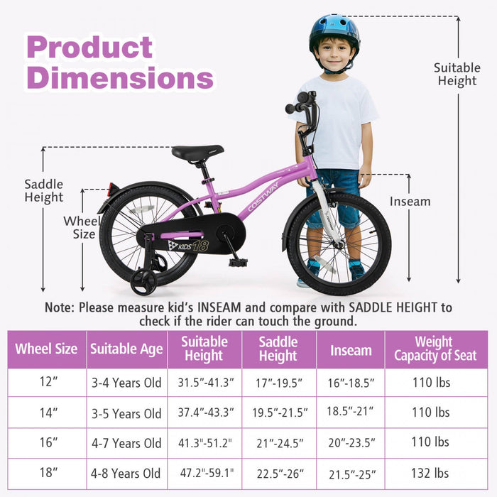 Costway 18" Kids Bike For 4-8 Years Old Boys & Girls With Adjustable Seat Handbrake Reflectors Purple