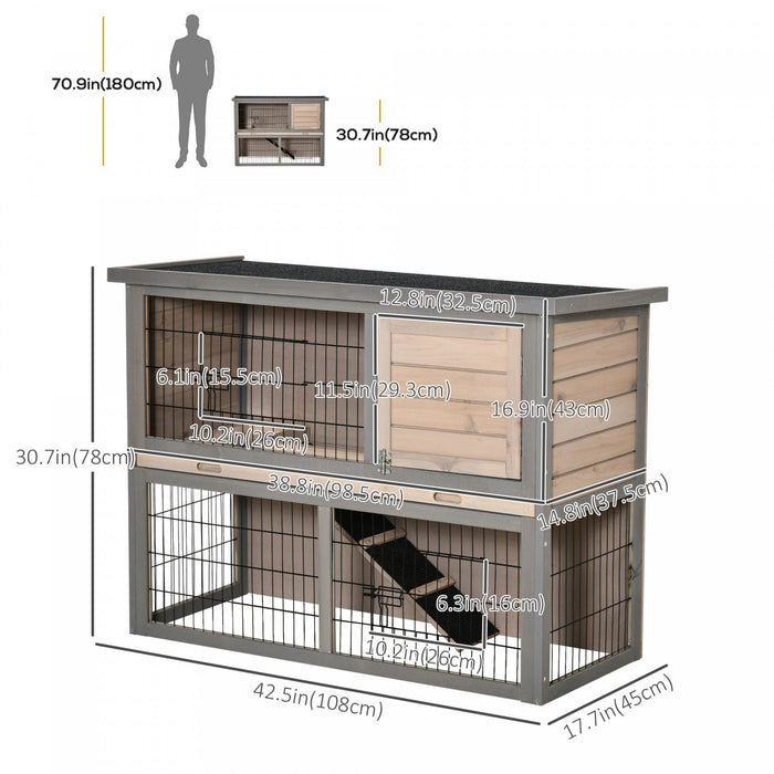 Pawhut 2-tier Wooden Rabbit Hutch Backyard Bunny Cage Habitat Small Animal House W/ Ramp, Slide Out 