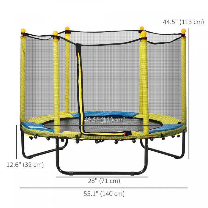 Qaba 55" Trampoline for Kids, 44.5"H Indoor Outdoor Toddler Trampoline with Safety Enclosure Net, Baby Recreational Play for Boys and Girls, Ages 3-10, Yellow