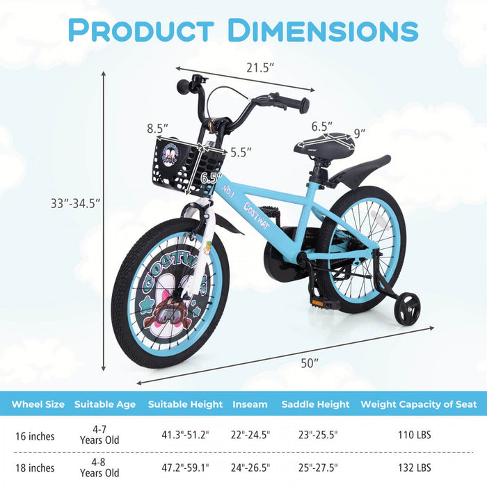 Costway 18" Kid's Bike For 4-8 With Height-adjustable Handlebar & Saddle Handbrake Blue
