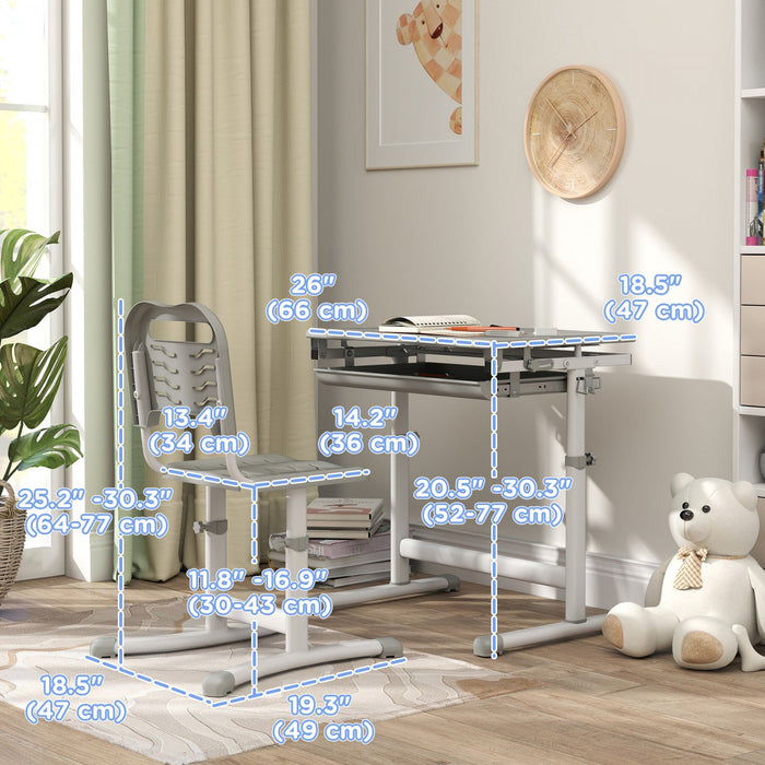 Qaba Kids Desk And Chair Set, Height Adjustable Study Table And Chair Set With Drawer, Pen Slot, Tiltable Desktop, Hook, Grey