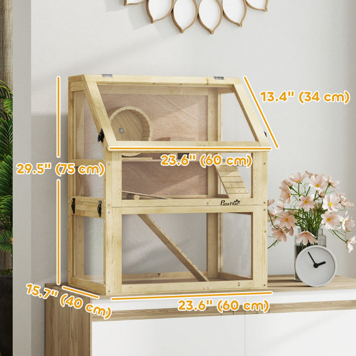 PawHut Wooden Hamster Cage, 3 Tier Gerbil Cage with Detachable 12.6" Deep Bottom, Hut, Seesaw, Exercise Wheel, Ramps, Small Animal Habitat for Dwarf, Rat, 24" x 16" x 29.5"