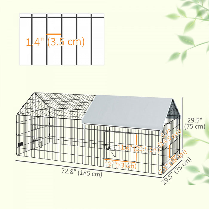 PawHut 73"L Small Animals Pet Playpen Catio Cage with Doors for Rabbits, Guinea Pig, Chicken, Chinchillas, Cat, Quail, Duck, Outdoor Indoor Use with Spire Roof, Silver