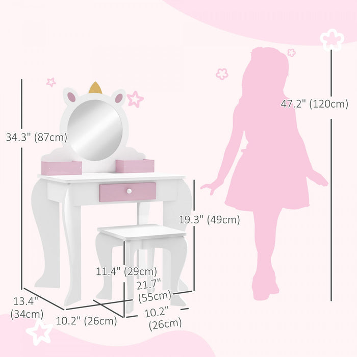 Qaba Kids Vanity Set With Mirror And Stool, Makeup Vanity Table For Children 3-6 Years Old, With Dra