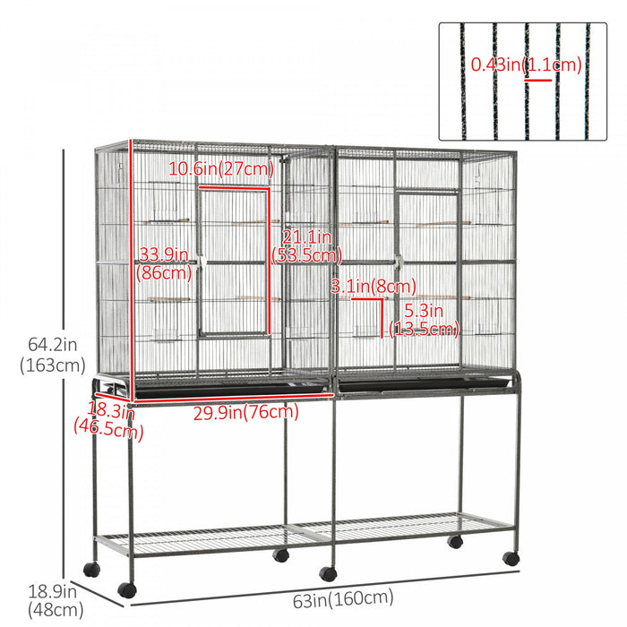 Pawhut 64" Extra Large Bird Cage, Rolling Metal Parrot Cage, Bird House With Detachable Rolling Stand, Storage Shelf, Wood Perch, Food Container, 62.8" X 18.9" X 64.2"