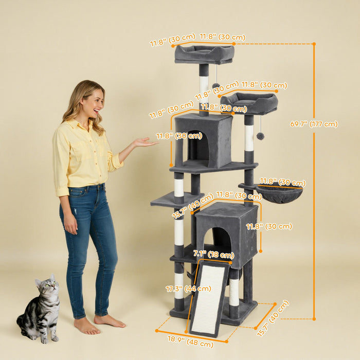 PawHut Cat Tree, 70" Multi-Level Cat Tower for Indoor with 2 Condos, 2 Plush Top Perches, Hammock, Platforms, Toy Balls, Sisal Scratching Posts and Board, Dark Grey