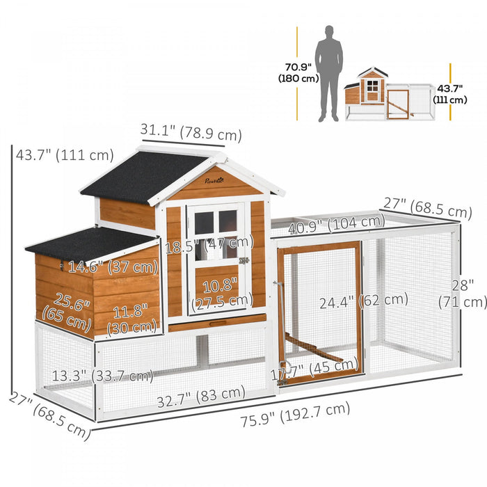 Pawhut Chicken Coop, 76"L Weatherproof Wooden Chicken Run with Nesting Box, Tray, Ramp and Perches, Poultry Cage for Outdoor, Backyard, for 2–4 Hens, Rabbits, Ducks, Orange
