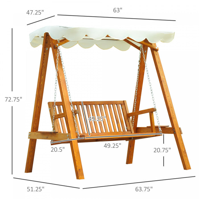 Outsunny 65\" Patio Swing Chair With Canopy Outdoor Wooden Swing Bench Hammock For Garden, Poolside, 