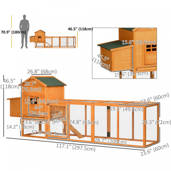 Pawhut 117\" Chicken Coop, Wooden Rabbit Hutch With Chicken Run, Slide-out Tray, Asphalt Roof, Nestin