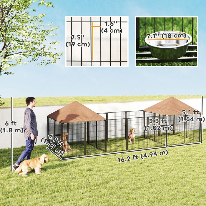 Pawhut Outdoor Dog Kennel With Two Rooms, Dog Run Outdoor With Rotating And Adjustable Height Bowls, Waterproof Uv-resistant Cover, Secure Lock, 16.2' X 4.7' X 5.1'