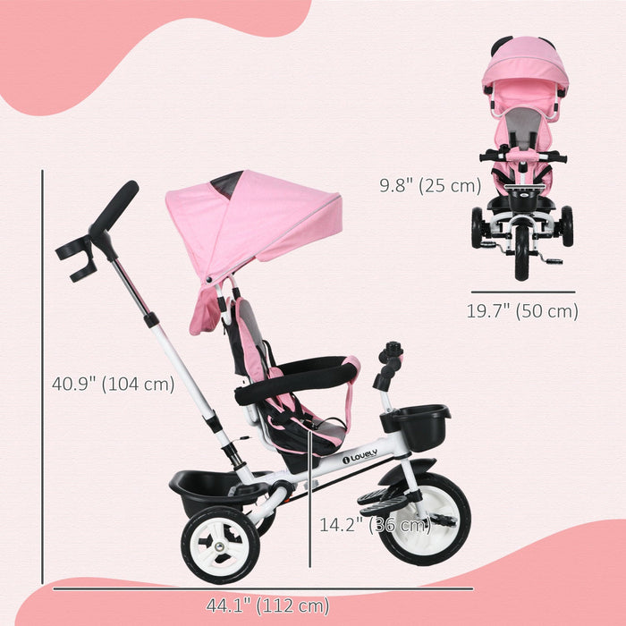Qaba Toddler Tricycle, 6 In 1 Stroller Bike With Parent Push Handle, Canopy, Storage Baskets, Cuphol
