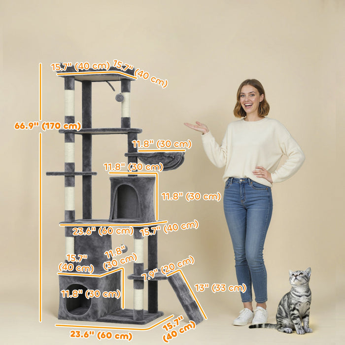 PawHut Cat Tree, 67" Large Cat Tower for Indoor Kittens Multi-Level with 7 Scratching Posts, Tunnel, 2 Plush Condos, Hammock, Perch, Ramp, Pompoms, Dark Grey
