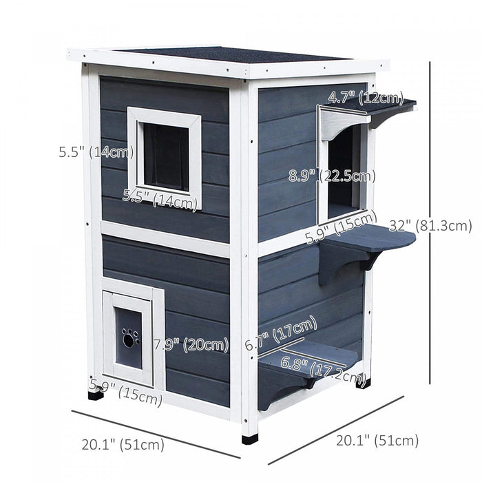 Pawhut 2 Story Outdoor Cat House, Outdoor Cat Enclosure Wooden Cat Shelter With Windows, Platforms, 