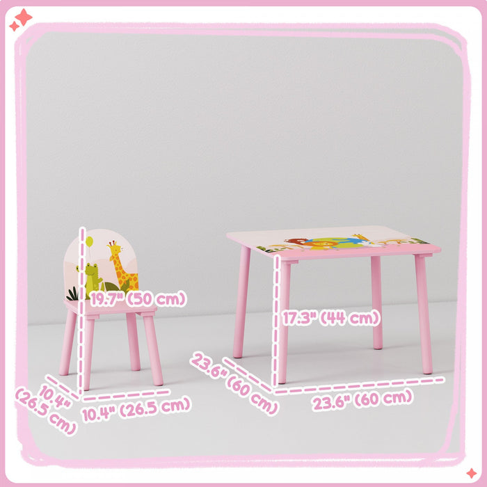 Qaba Kids Table and Chairs Set, Children Table and 2 Chairs Set with Animal Pattern, Kids Activity Furniture for Art, Craft, Reading, Learning, Pink
