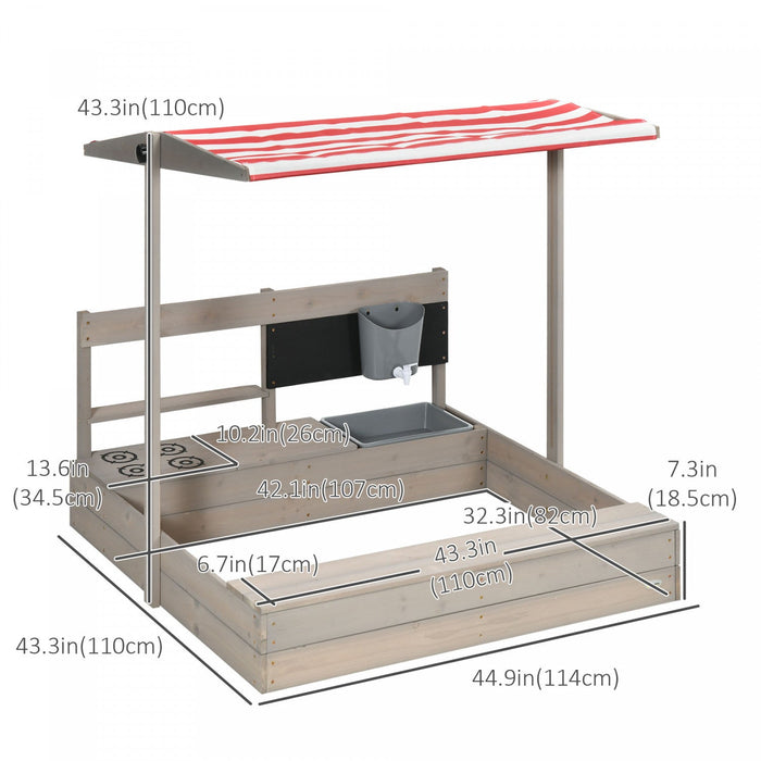 Kids Sandbox With Cover, Wooden Sand Box With Adjustable Cover, Kitchen Playset Toys, Seat, Storage,