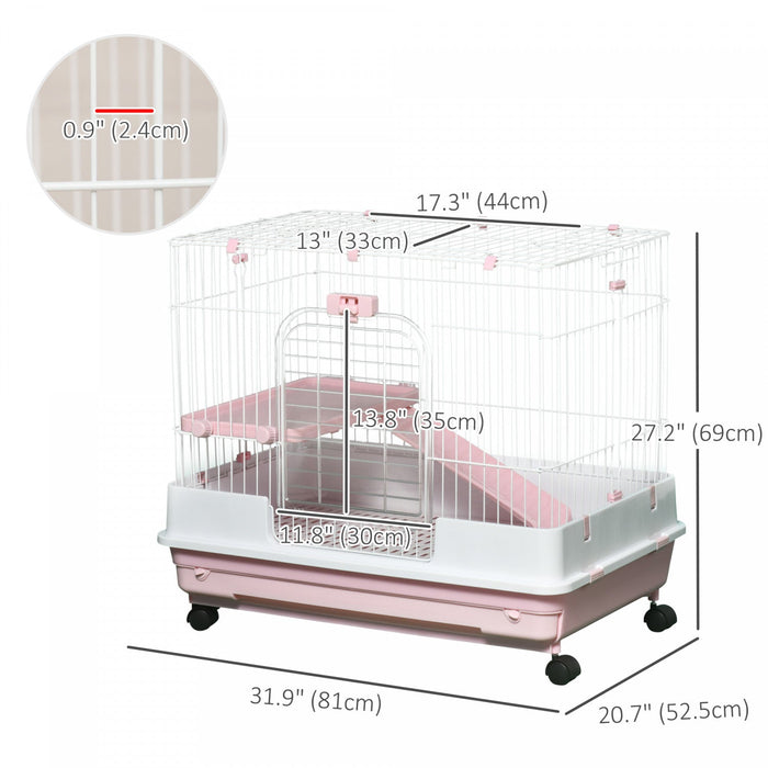 Pawhut 27\"h 2-level Small Animal Cage Rabbit Hutch With Universal Lockable Wheels, Slide-out Tray Fo