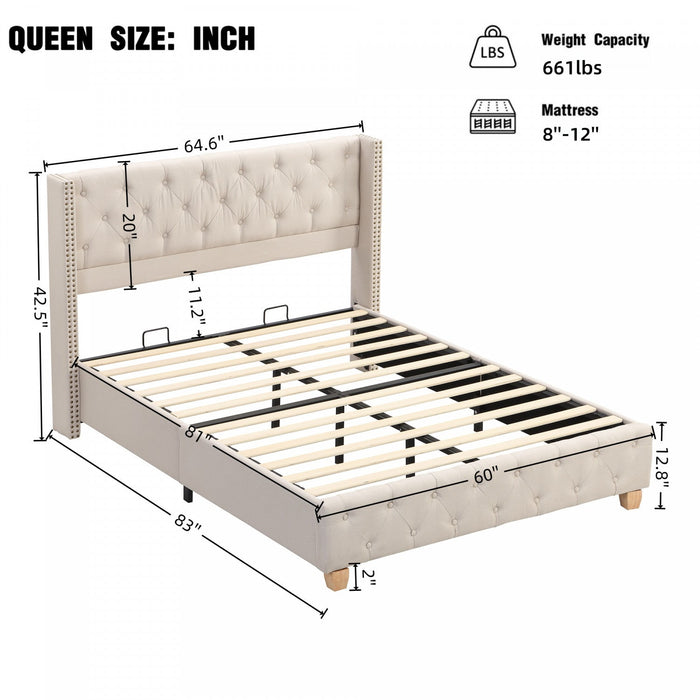Haley Linen Upholstered Platform Bed with Classic Wingback Headboard and Diamond Tufted Upholstery,Queen Size,Beige Queen Bed  