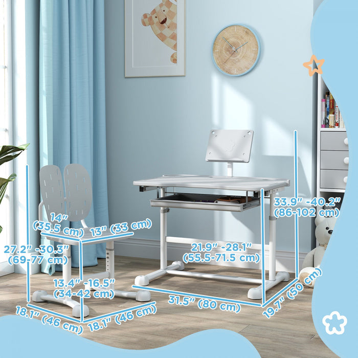 Qaba Kids Desk And Chair Set, Height Adjustable Kids Study Table And Chair Set With Tilt Desktop, La