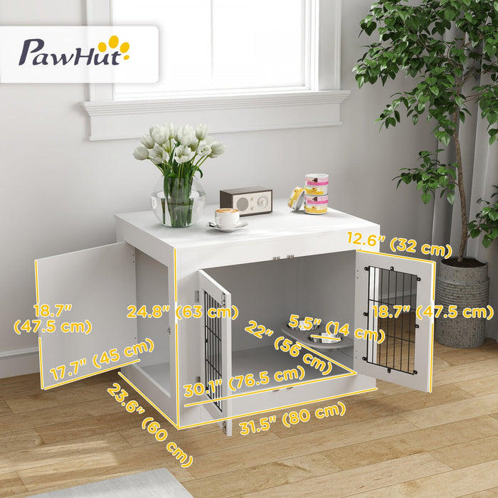 Pawhut 31.5in Dog Crate Furniture With 360° Rotatable Removable Dog Bowls, Dog Kennel Side End Table