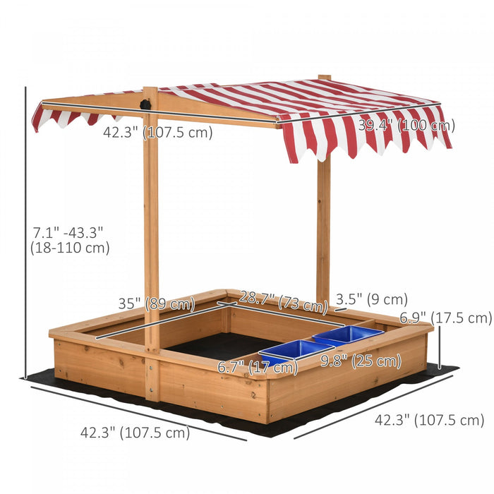 Kids Wooden Sandbox, Children Play Sand Station Outdoor With Adjustable Height Cover Lid, Bottom Lin
