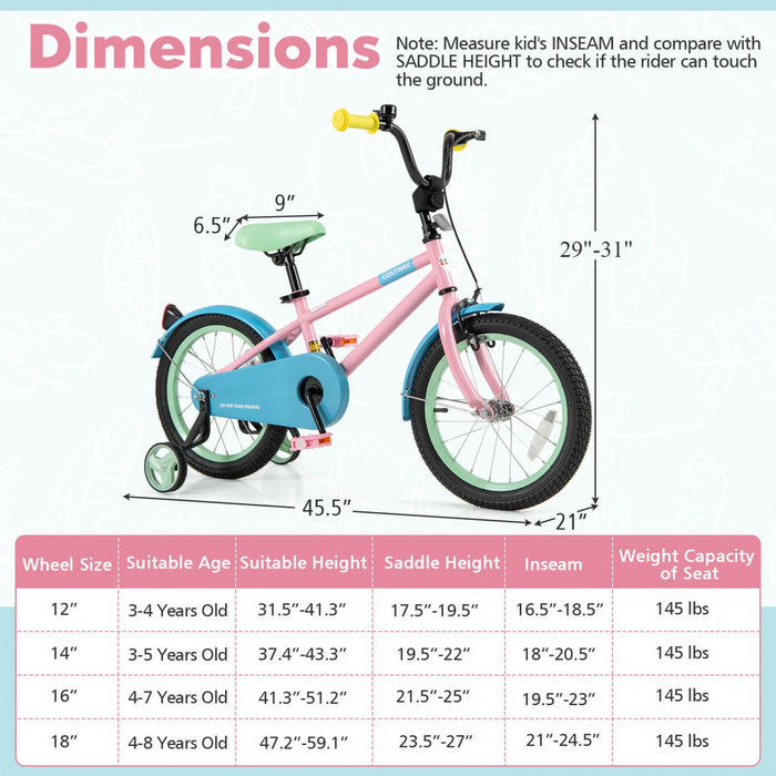 Costway 16" Kids Bike With Adjustable Saddle Handlebar Removable Training Wheels Handbrake Pink