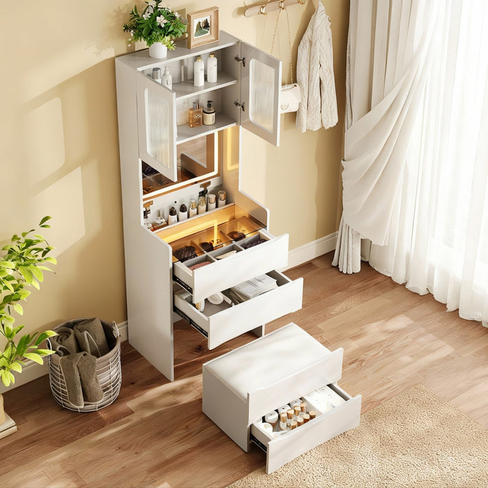 Emily 3-in-1 Vanity Table Set with LED Mirror and Storage,White Mirror Cabinet  
