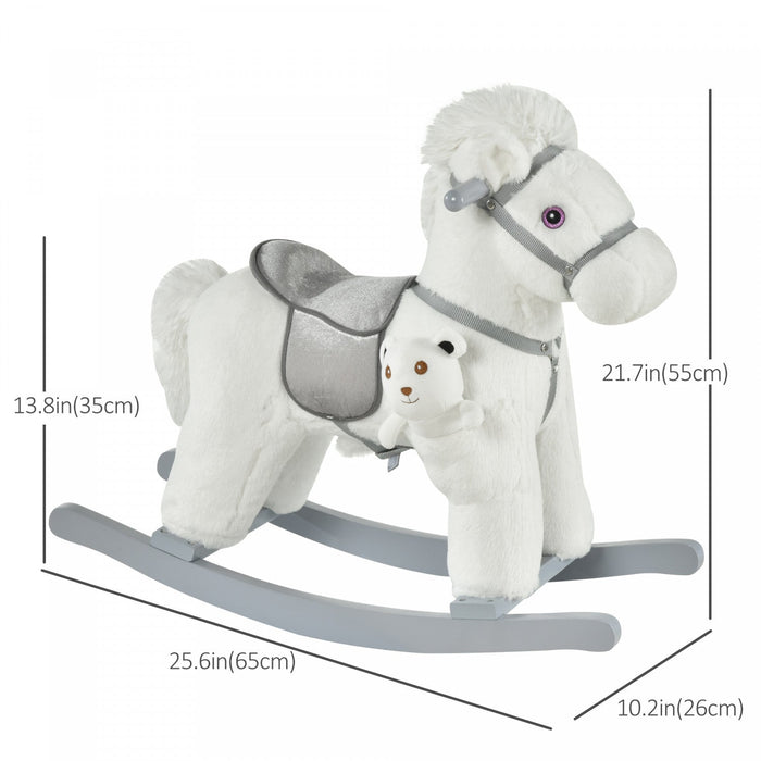 Qaba Kids Plush Ride-on Rocking Horse With Bear Toy, Children Chair With Soft Plush Toy & Fun Realis