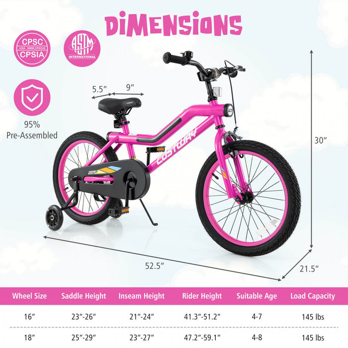 Costway 18" Led Lighted Kids Bike With Adjustable Seat Coaster Brake Training Wheels Pink