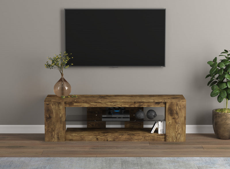 55” TV Stand With 2 Shelves And Tempered Glass - Brown Reclaimed Wood 