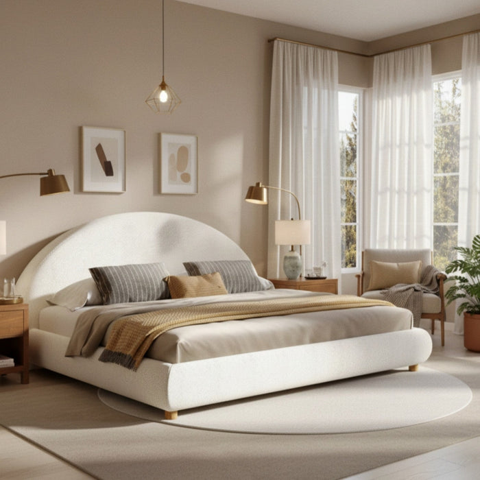 Harold Platform Bed with Boucle Upholstered Round Curved Headboard and Low-Profile Frame,King Size,White King Bed  