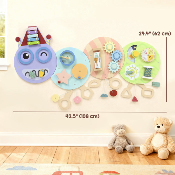 Qaba Caterpillar Activity Montessori Busy Board, 7 Activities, Sensory Wall Panel for Toddlers, Learning Activity Center for Playroom Nursery Classroom, Gift for Boys & Girls 3+