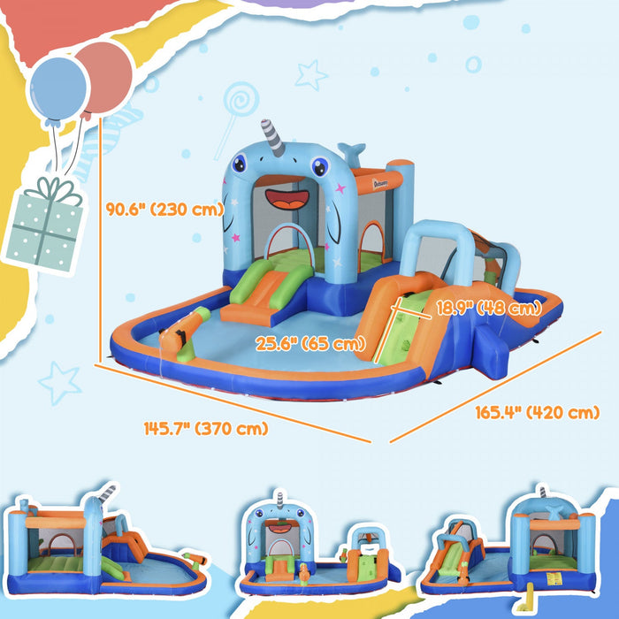 Outsunny 5-in-1 Inflatable Water Slide, Narwhals Style Kids Castle Bounce House Includes With Slide 