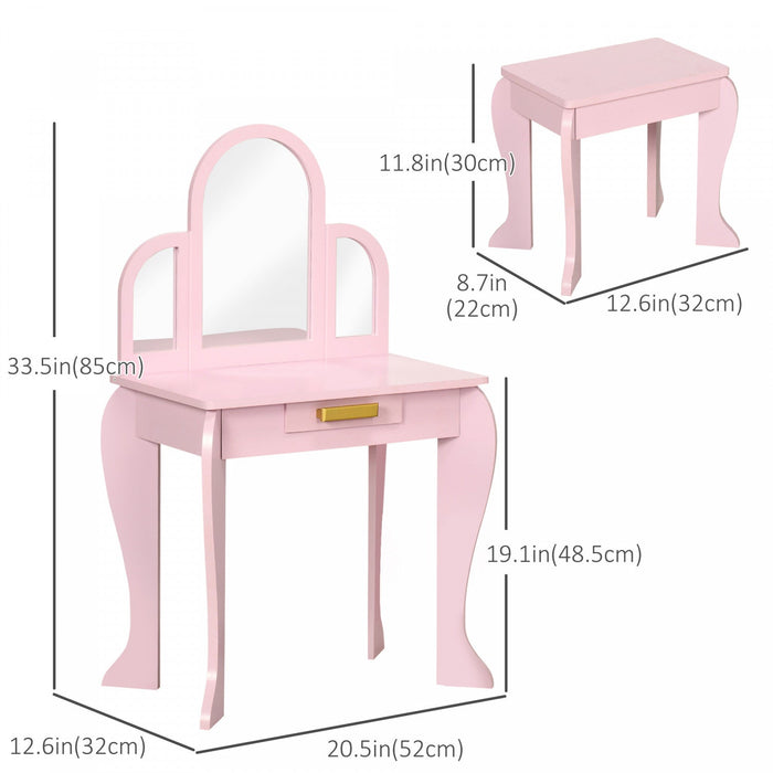 Qaba Kids Dressing Table And Chair Set, Girls Dressing Set, Makeup Desk With Drawer For 3-6 Years Ol