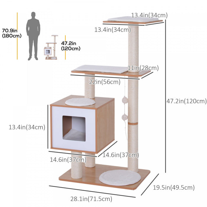 Pawhut 47\" Wood Cat Tree, Cat Condo Tower With Scratching Post, Toy Ball, Natural Wood