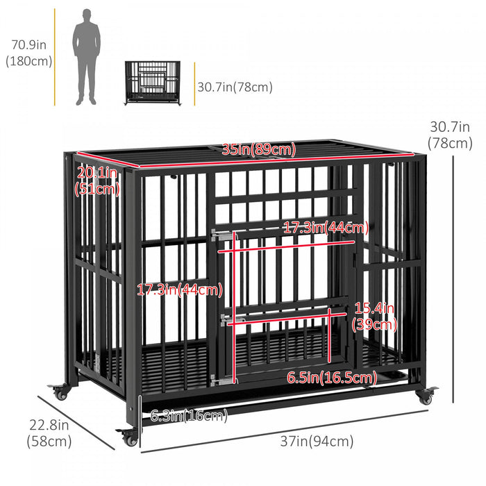 Pawhut 37\" Heavy Duty Dog Crate With Wheels For Small And Medium Dogs, Folding Dog Cage With Double 
