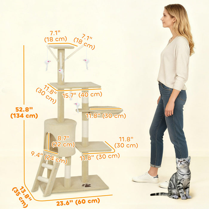 PawHut Cat Tree, 53" Cat Tower for Indoor Kittens with Sisal Scratching Posts, Plush Perches, Condo, Hammock, Ladder, Dangling Toys, Multi-Level Kitty Activity Centre, Beige