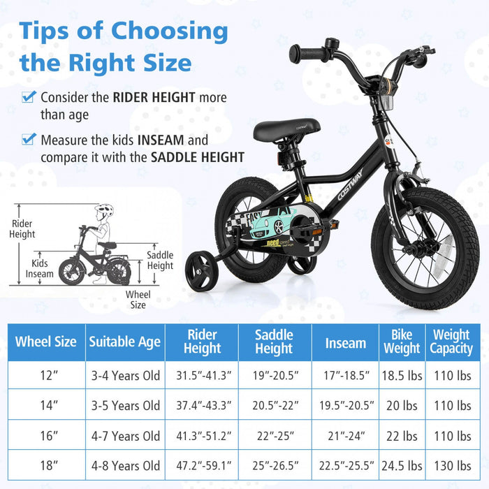 Costway 12" Kids Training Bike With Removable Training Wheels Pneumatic Tires Black