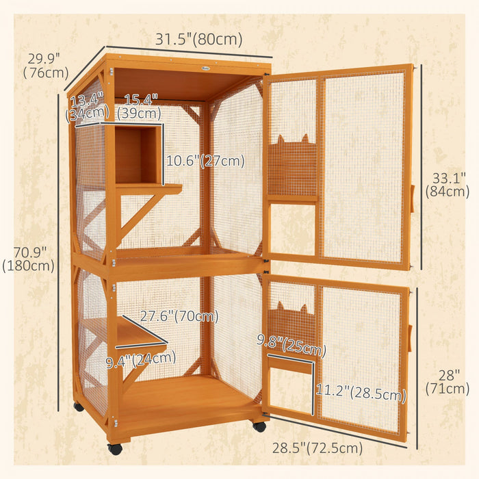 Pawhut 71" H Large Catio Outdoor Cat Enclosure, Wooden Kitten House For Patio, Elevated Design With Wheels, Resting Box, Water-resistant, Multi Platforms, For 1-3 Cats, Orange