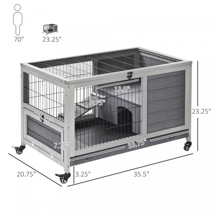 Pawhut Wooden Indoor Rabbit Hutch Elevated Bunny Cage Habitat With Enclosed Run With Wheels, Ideal F