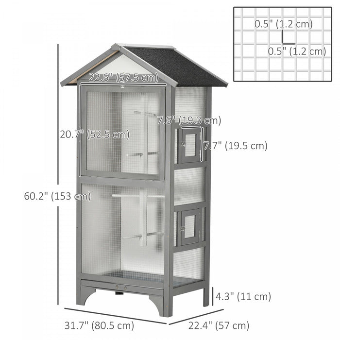 Pawhut 62.5" H Large Wooden Bird Cage Outdoor Indoor For African Grey Small Quaker Amazon Parrot Cockatiel Sun Parakeet Green Cheek Conure Dove Lovebird Budgie Play, Light Grey