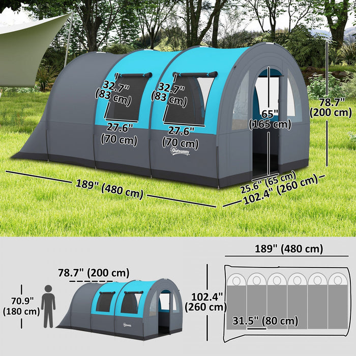 Outsunny 5-6 Person Camping Tent, Waterproof Tunnel Family Tent, Grey/blue