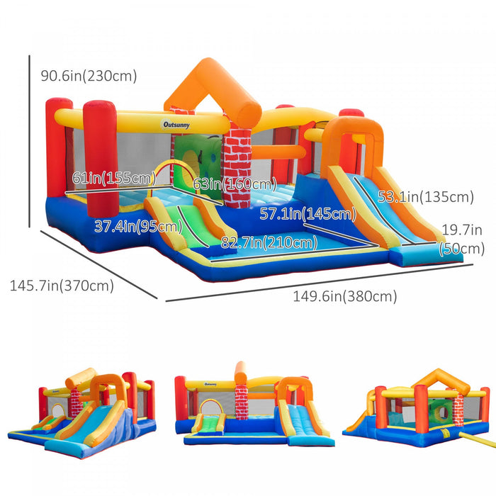 Outsunny 4 In 1 Kids Bounce House Castle-themed Large Double Slides & Trampoline Inflatable Pool Wit