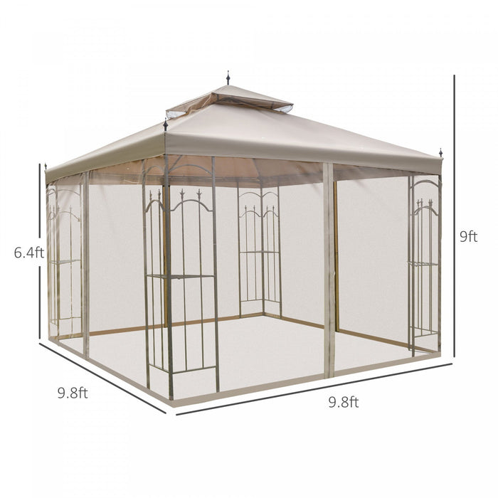 Outsunny 10' X 10' Steel Outdoor Patio Gazebo Canopy With Removable Mesh Curtains, Display Shelves, 