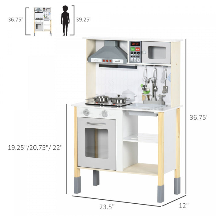 Qaba Wooden Play Kitchen With Realistic Lights Sounds, Adjustable Height Kids Kitchen Playset With M