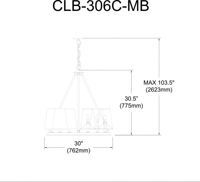 Dainolite Colby 6 Light Chandelier Matte Black 6 White Shades Lamp