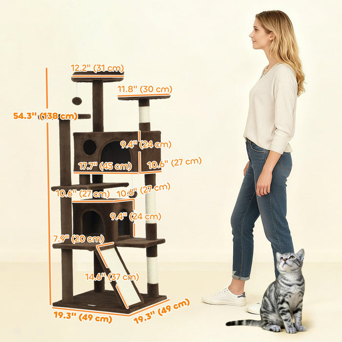 PawHut 54" Cat Tree, Cat Tower for Indoor Cats with Scratching Posts, Cat Condos, Bed, Platforms, Ramp, Toy Ball, Cat Activity Center, Light Brown