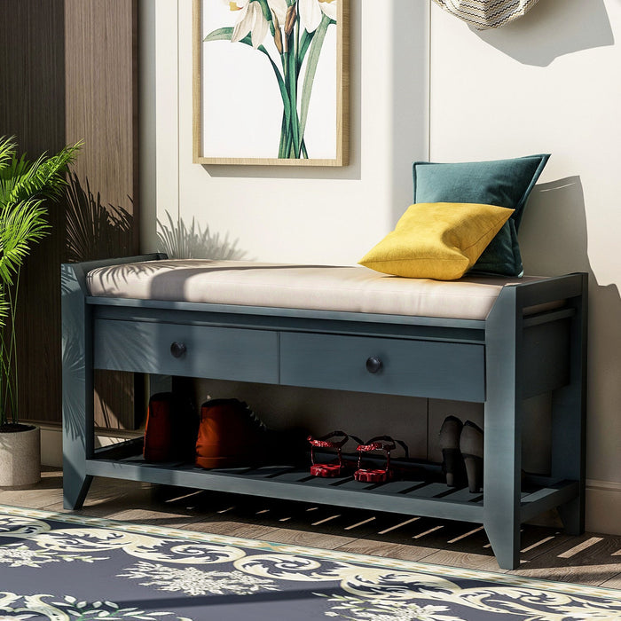 Stephanie Pine Wood Shoe Rack Bench With Cushioned Seat With Storage Drawers - Antique Navy 