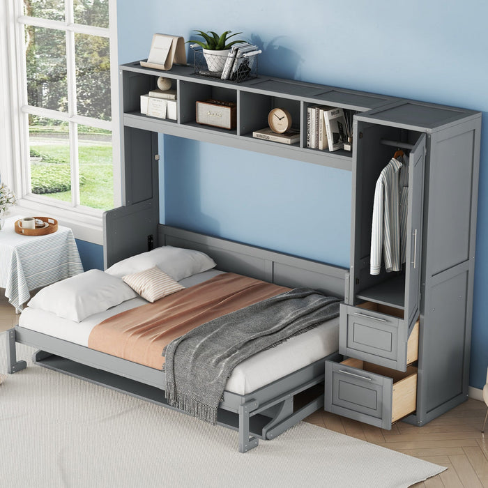 Dennis Engineered Wood Full Murphy Bed With Shelves And Drawers - Grey 